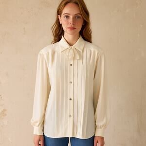 Vintage 80s Ivory Tie Neck Pleated Bouse by Ms. Chaus large